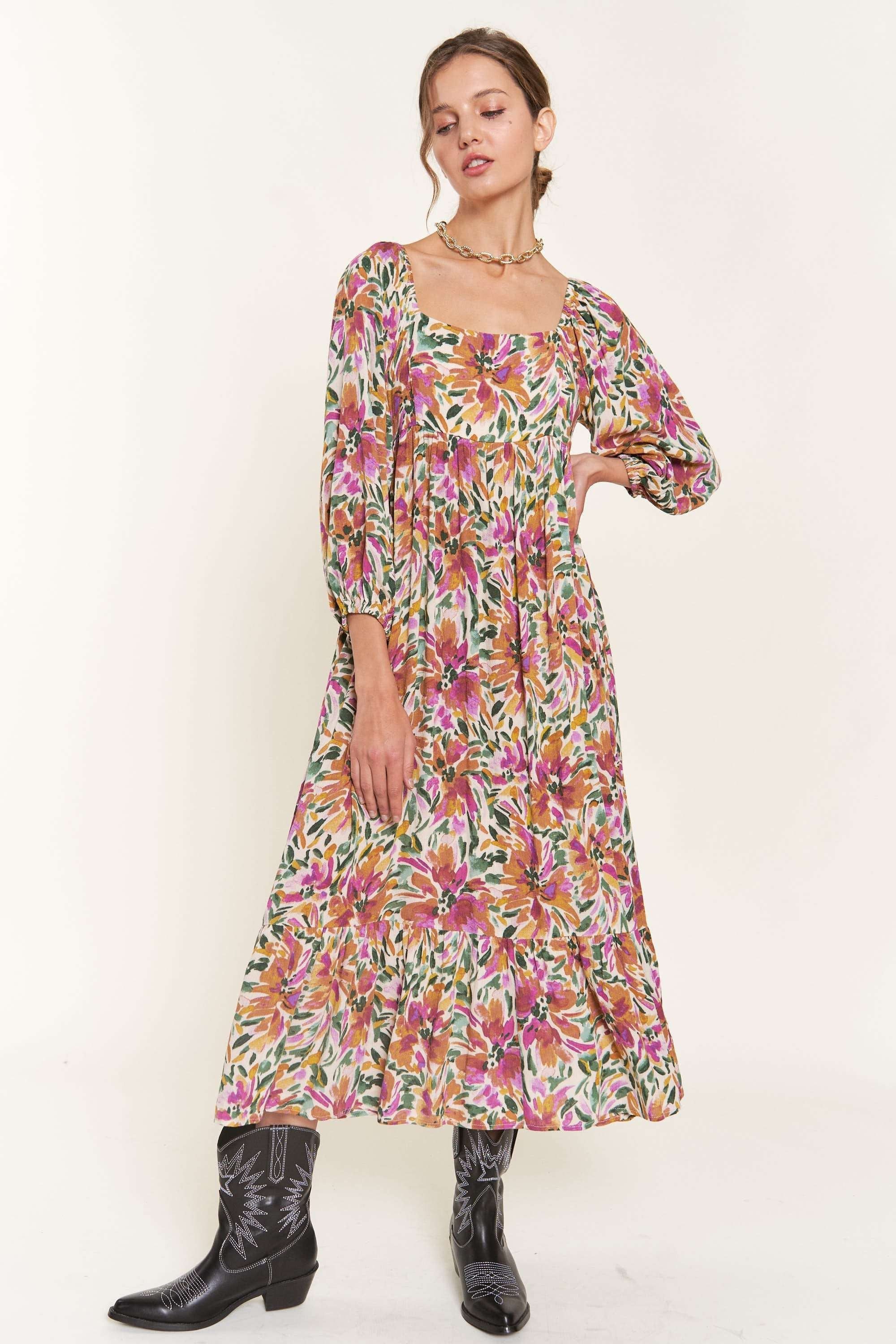 Multicolor Floral Watercolor Print Midi Dress sold by Pinkblush
