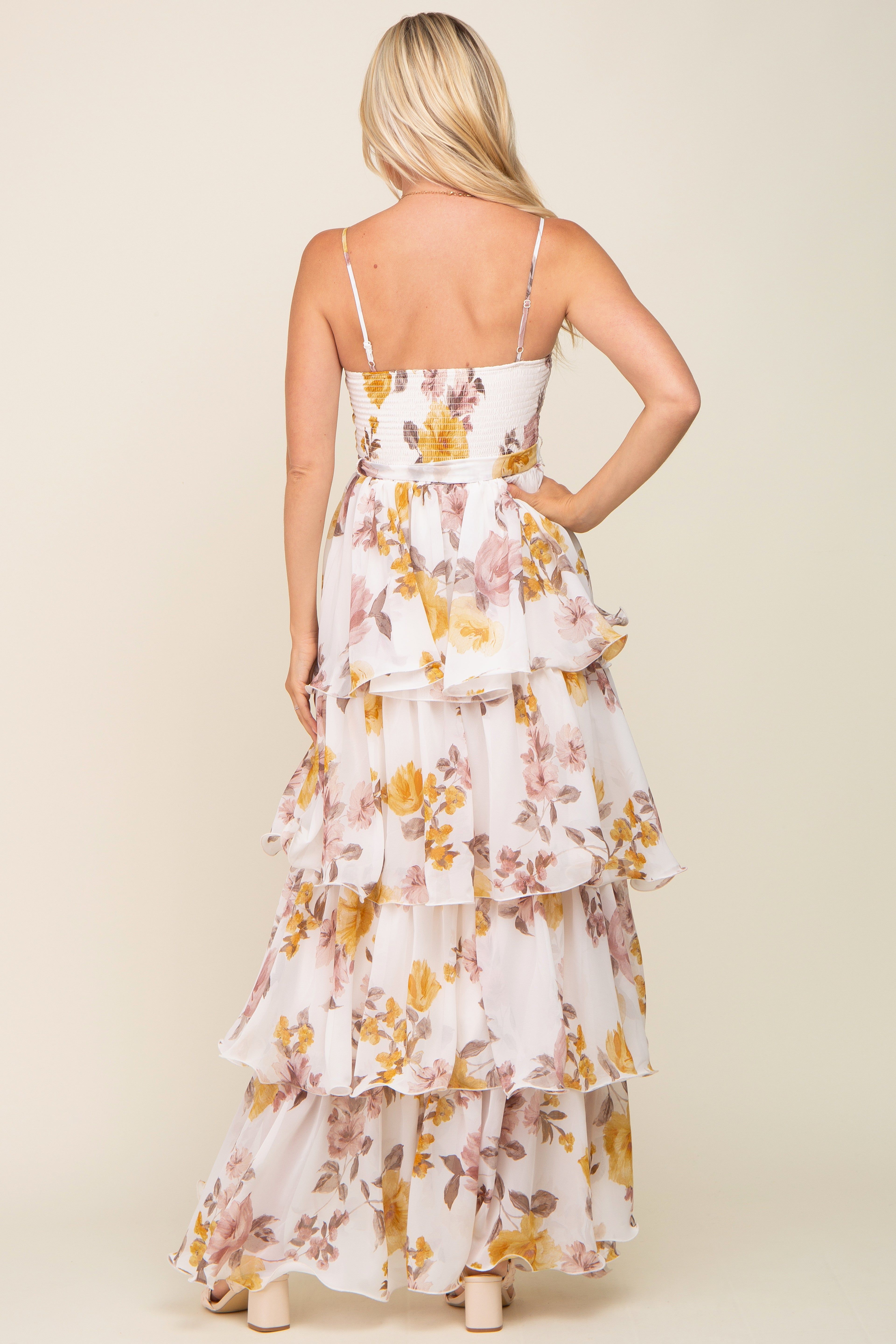 Gold Floral Smocked Ruffle Tiered Maxi Dress sold by Pinkblush product image thumbnail 3