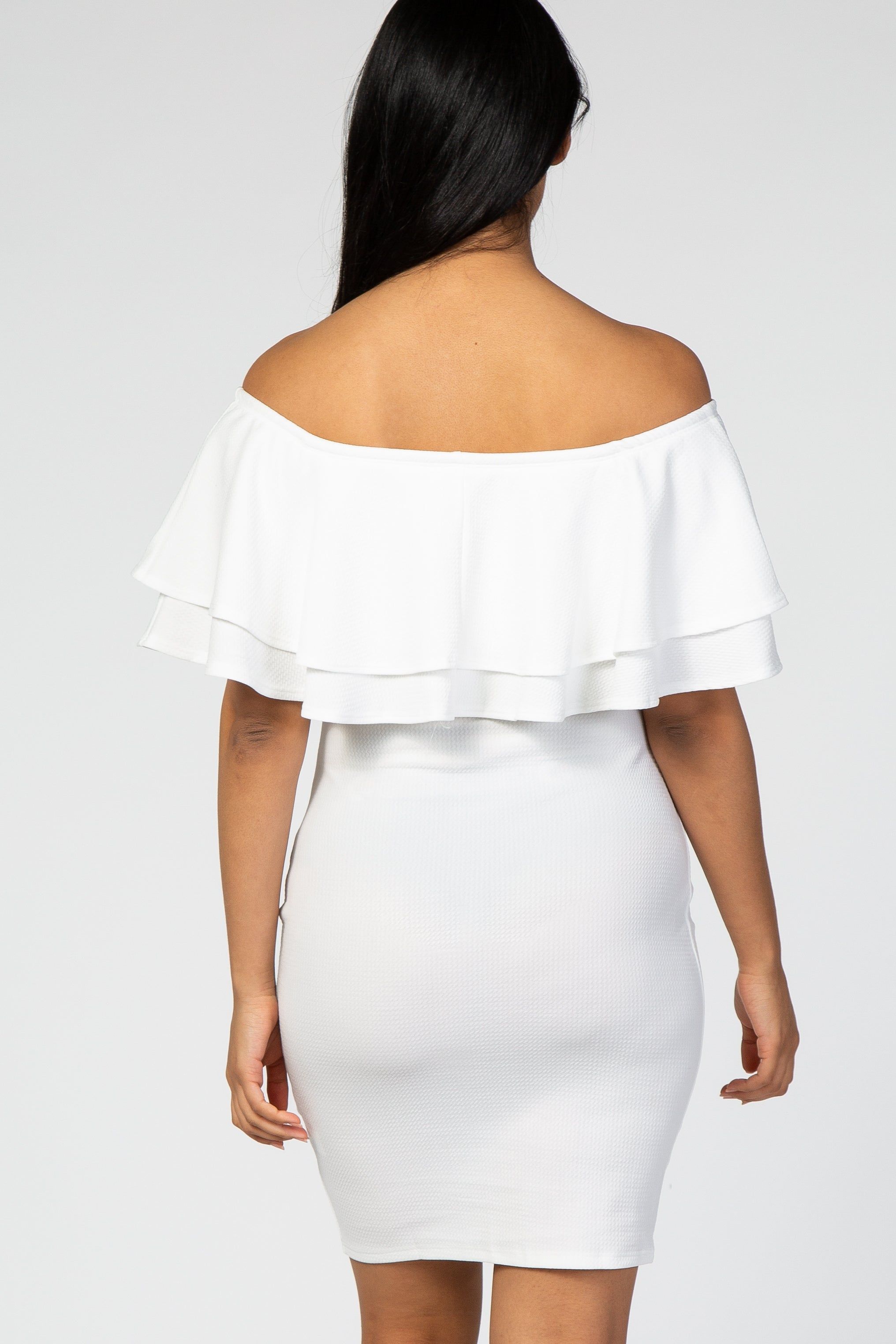 White Off Shoulder Ruched Maternity Dress sold by Pinkblush product image thumbnail 4