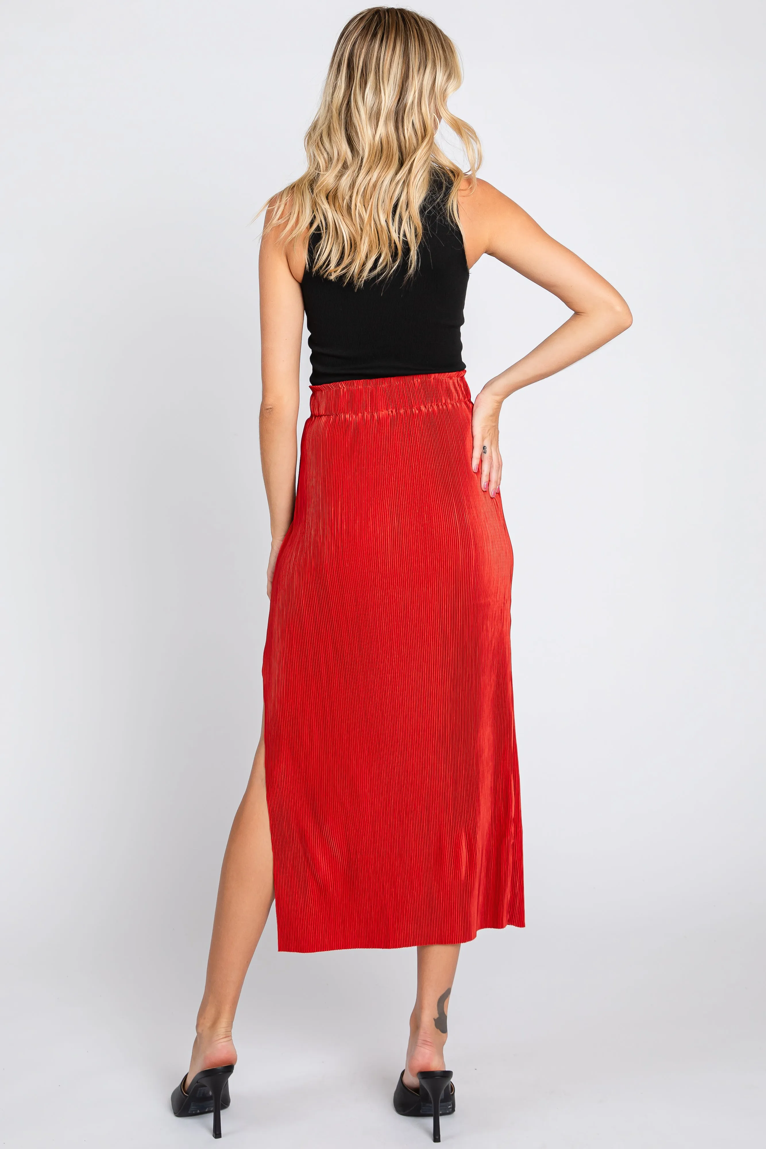 Rust Red Pleated Side Slit Midi Skirt sold by Pinkblush product image thumbnail 3