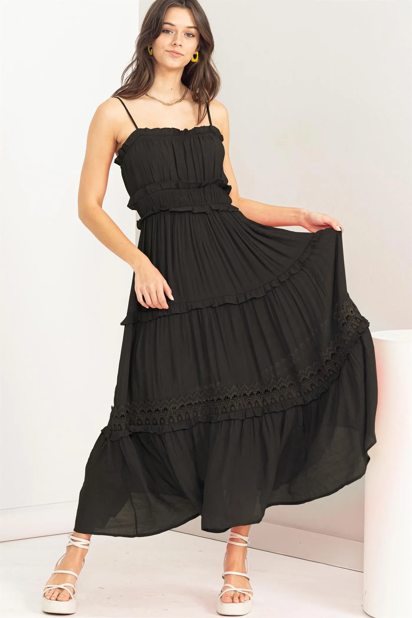 Black Ruffle Tiered Maxi Dress sold by Pinkblush
