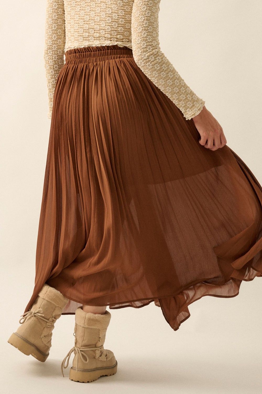 Brown Solid Pleated Chiffon Maxi Skirt sold by Pinkblush product image thumbnail 3
