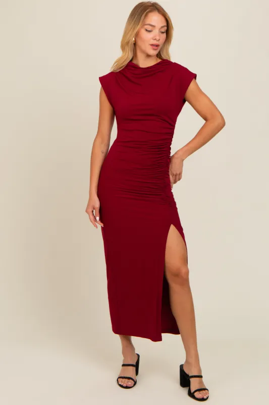Burgundy Ruched Mock Neck Slit Midi Dress sold by Pinkblush
