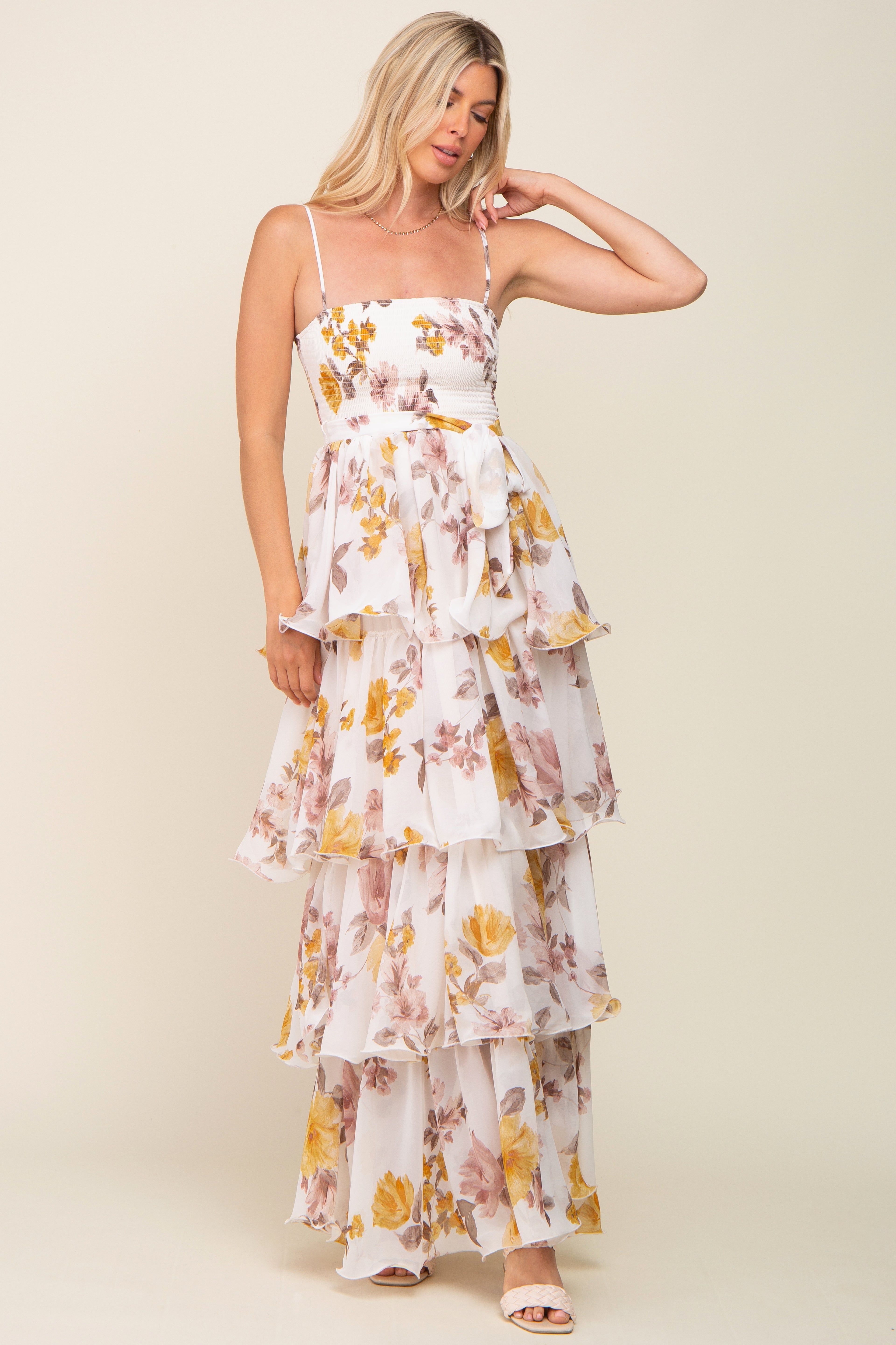 Gold Floral Smocked Ruffle Tiered Maxi Dress sold by Pinkblush product image thumbnail 4