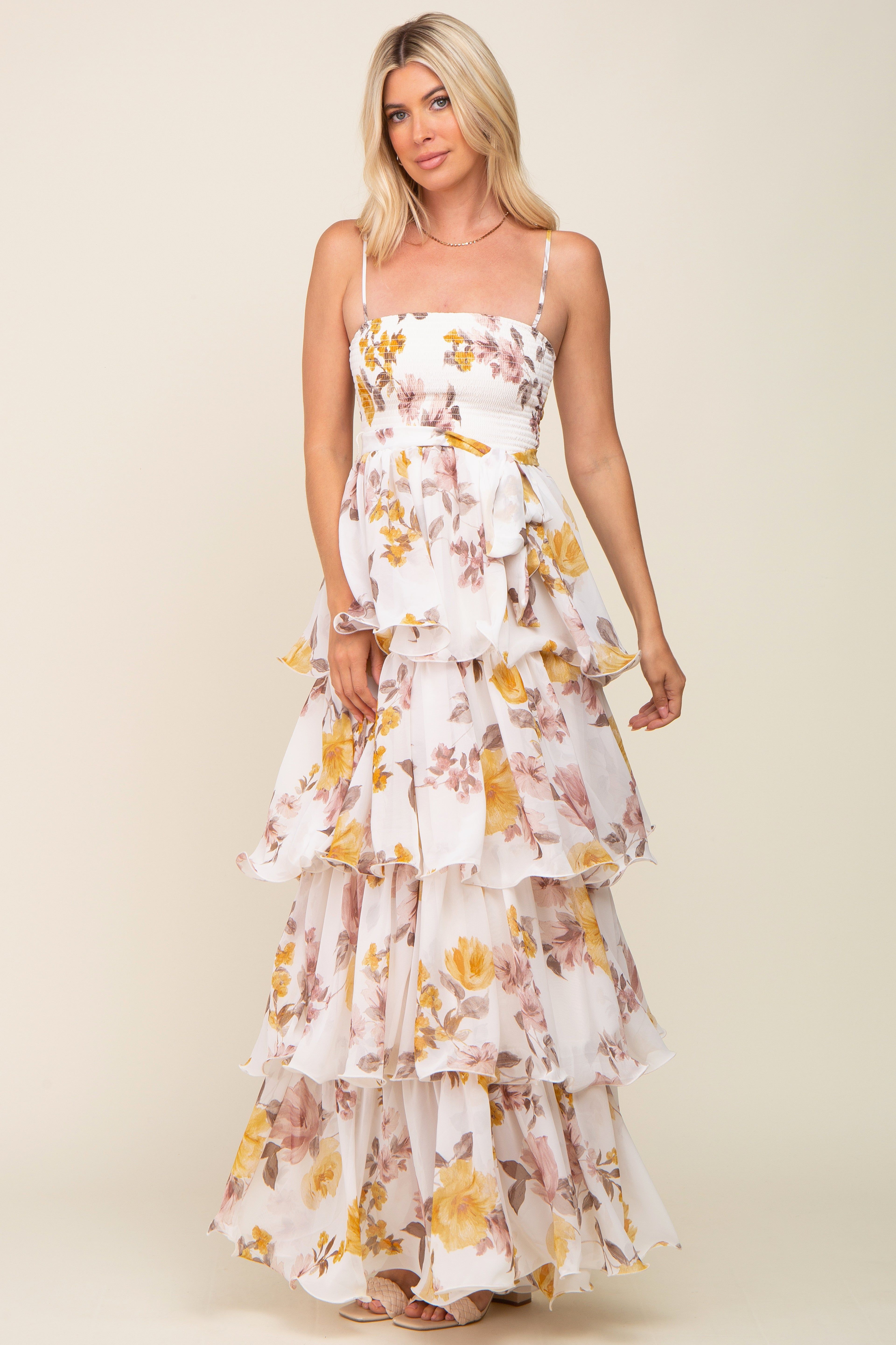 Gold Floral Smocked Ruffle Tiered Maxi Dress sold by Pinkblush