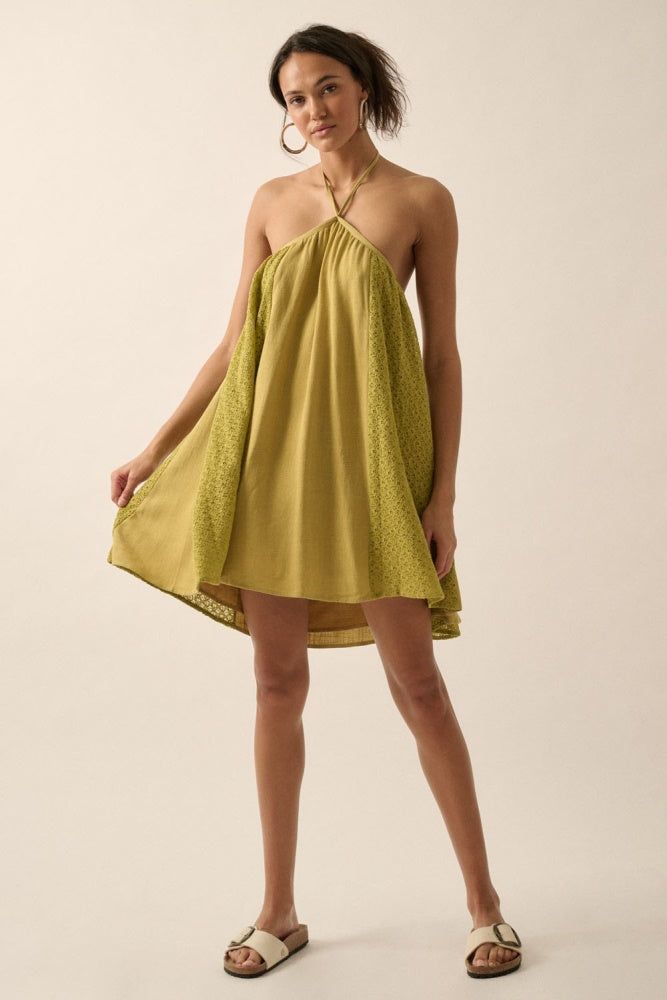 Warm Olive Floral-Lace Open-Back Mini Halter Dress sold by Pinkblush product image thumbnail 4