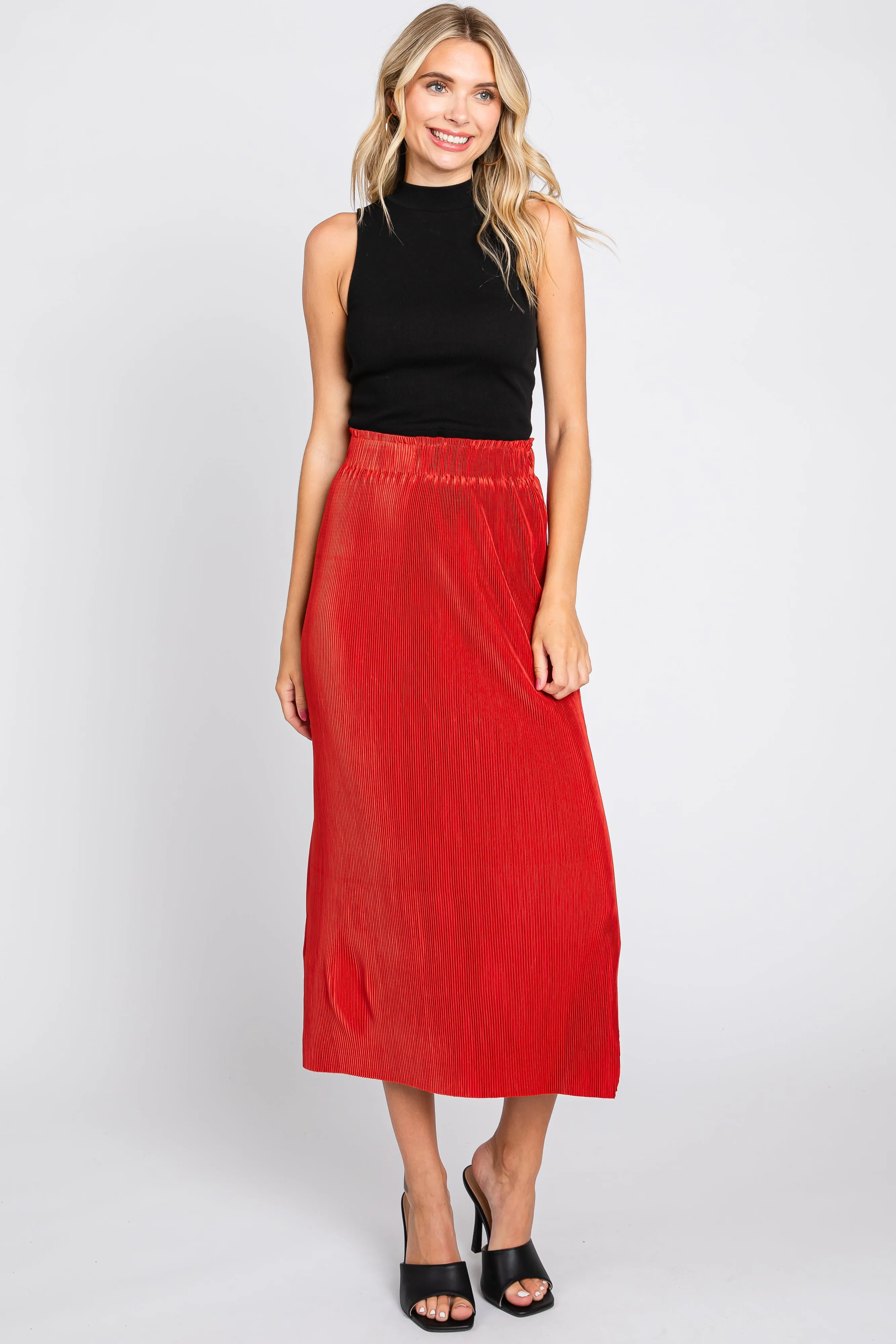 Rust Red Pleated Side Slit Midi Skirt sold by Pinkblush