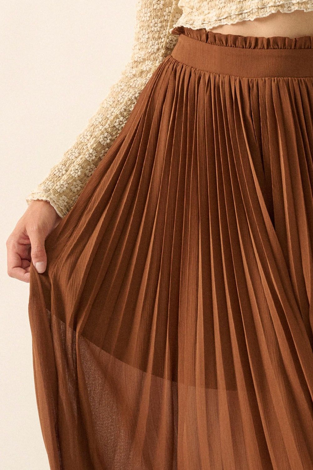 Brown Solid Pleated Chiffon Maxi Skirt sold by Pinkblush product image thumbnail 4