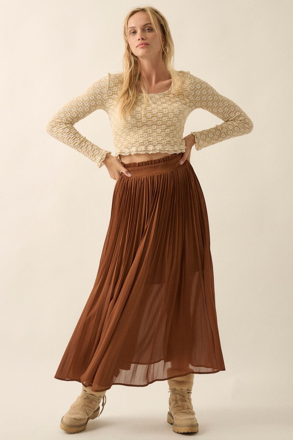 Brown Solid Pleated Chiffon Maxi Skirt sold by Pinkblush