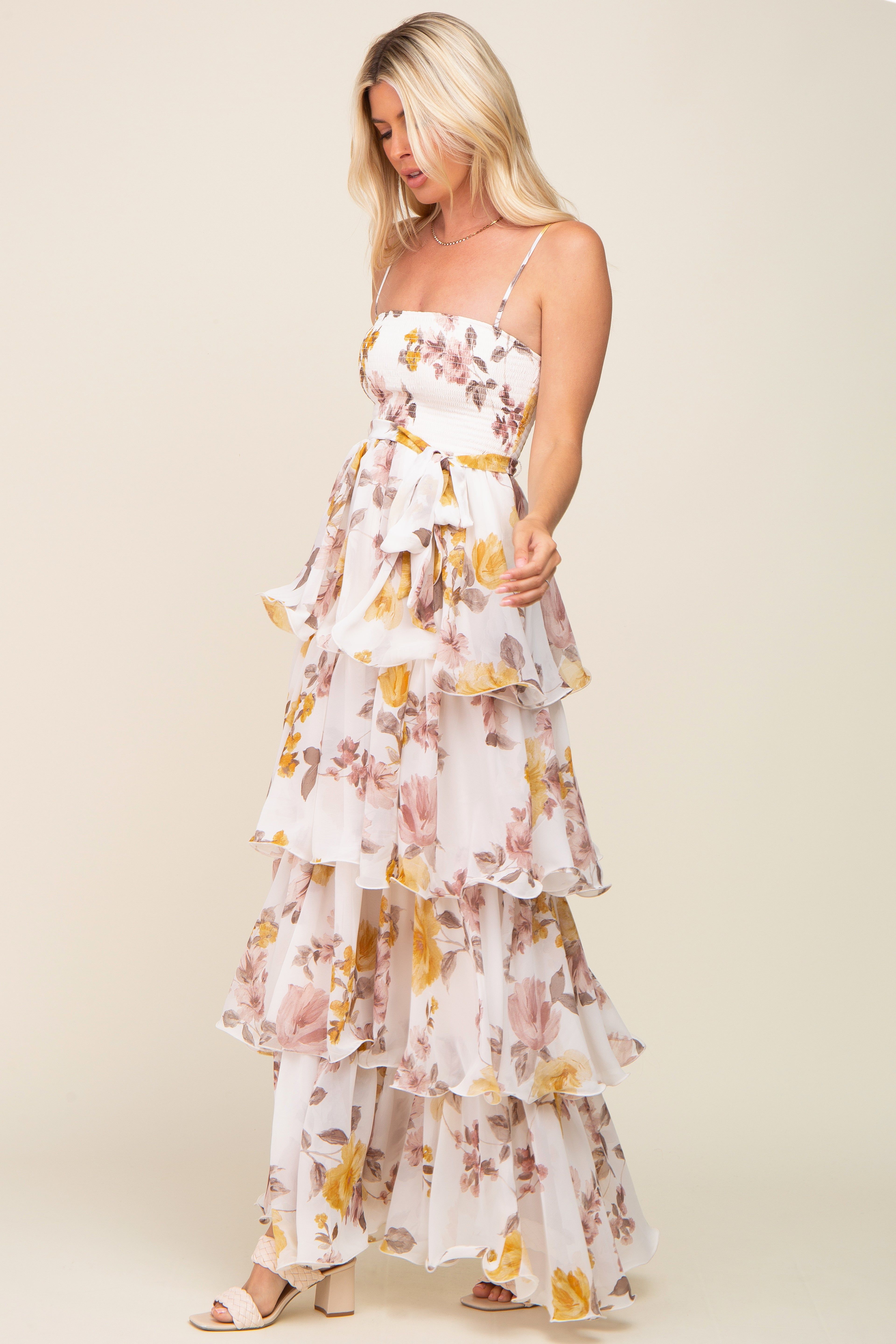 Gold Floral Smocked Ruffle Tiered Maxi Dress sold by Pinkblush product image thumbnail 2