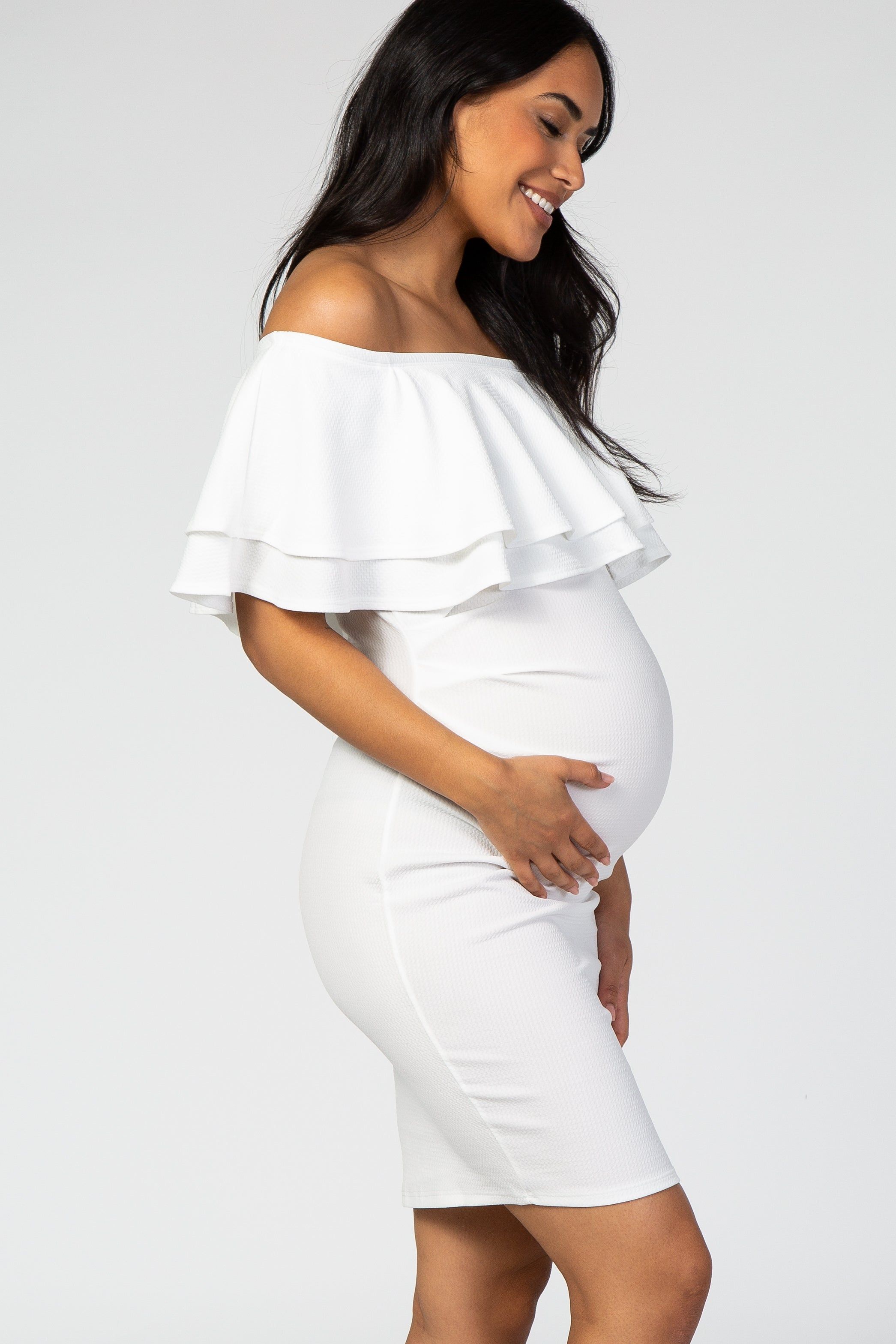 White Off Shoulder Ruched Maternity Dress sold by Pinkblush product image thumbnail 3