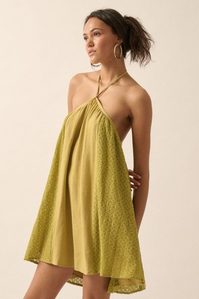 Warm Olive Floral-Lace Open-Back Mini Halter Dress sold by Pinkblush product image thumbnail 2