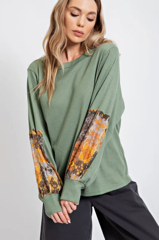 Olive Waffle Knit Contrast Sleeve Top sold by Pinkblush