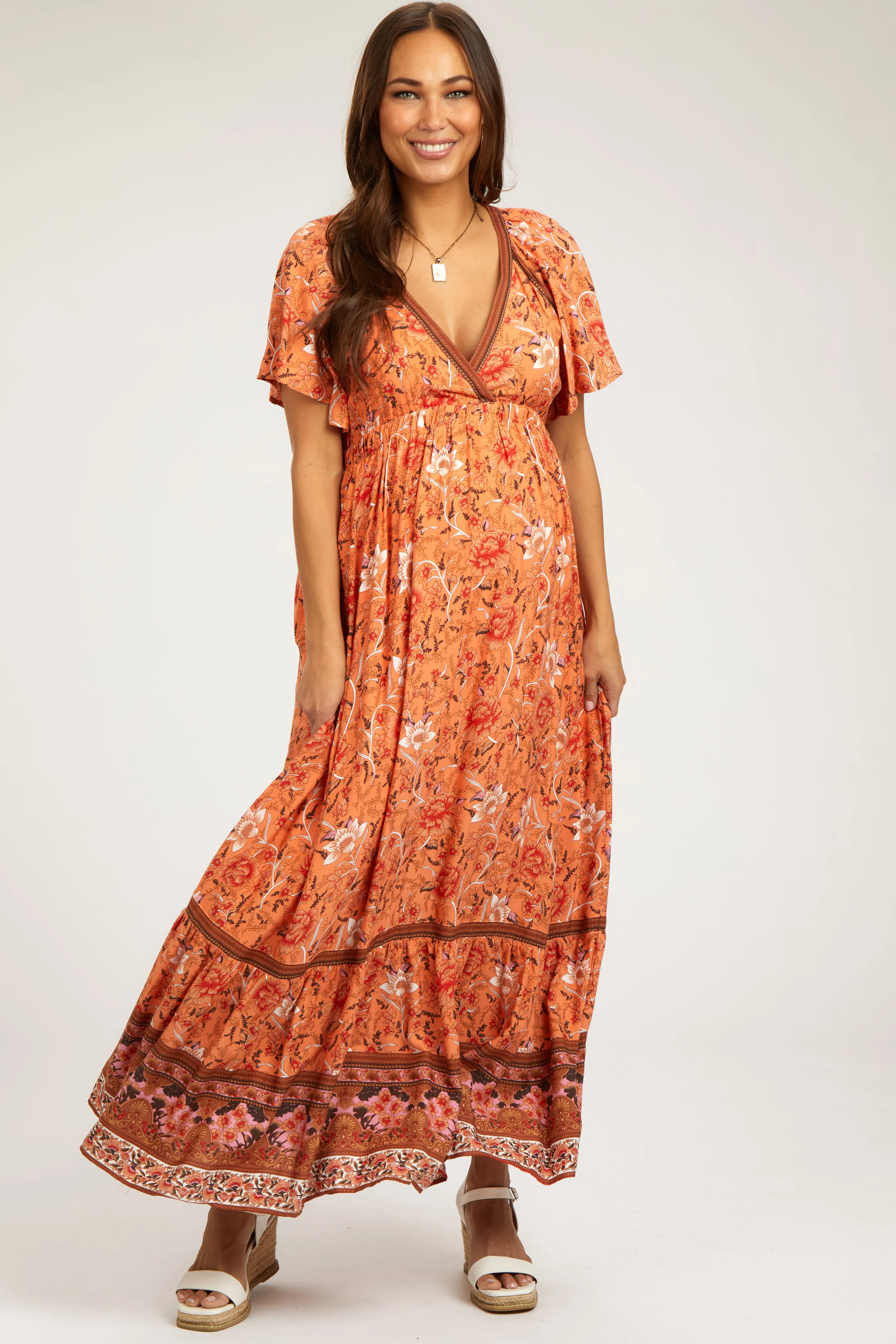 Orange Floral Flounce Sleeve Maternity Maxi Dress sold by Pinkblush product image thumbnail 2