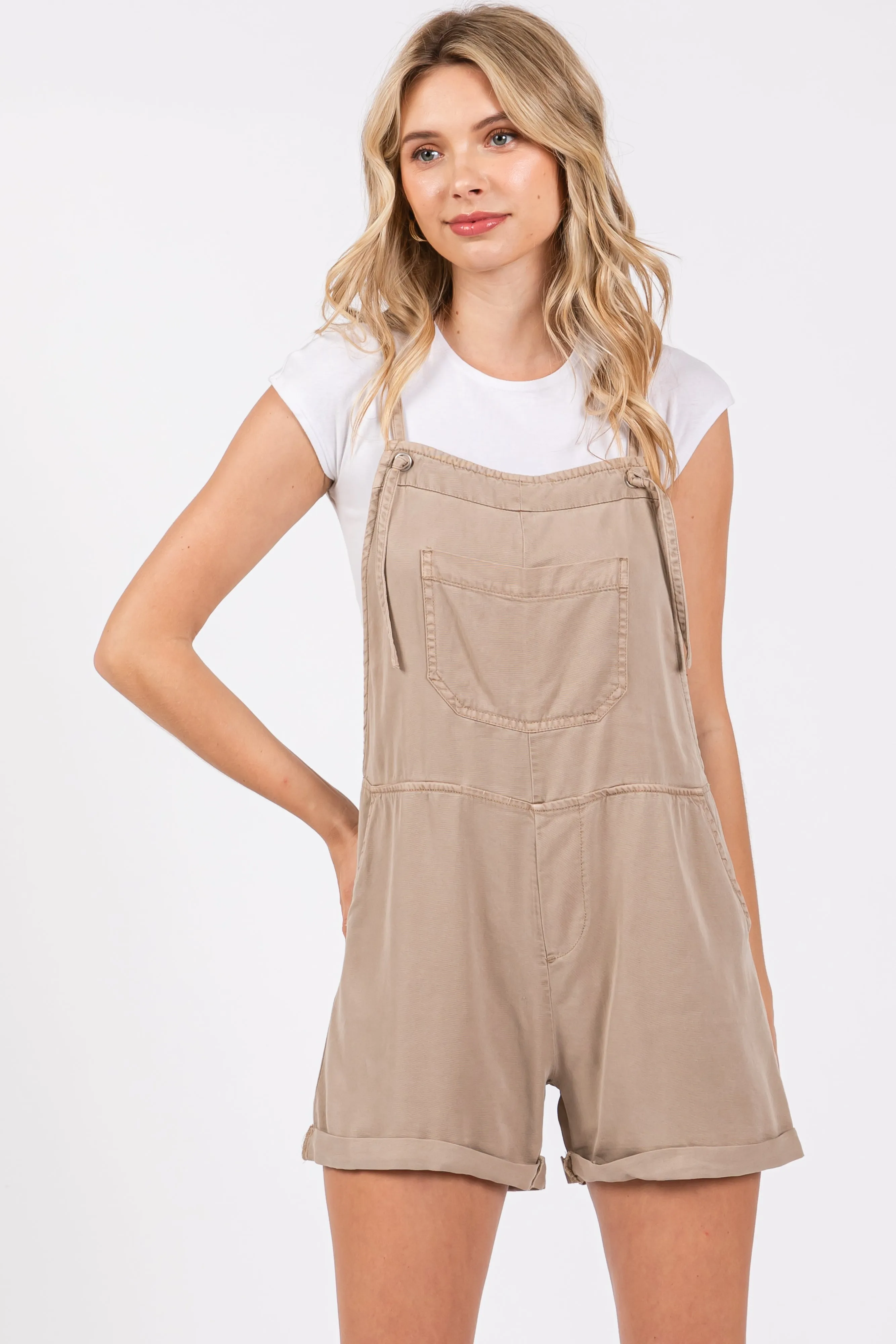 Taupe Front Pocket Overall Shorts sold by Pinkblush