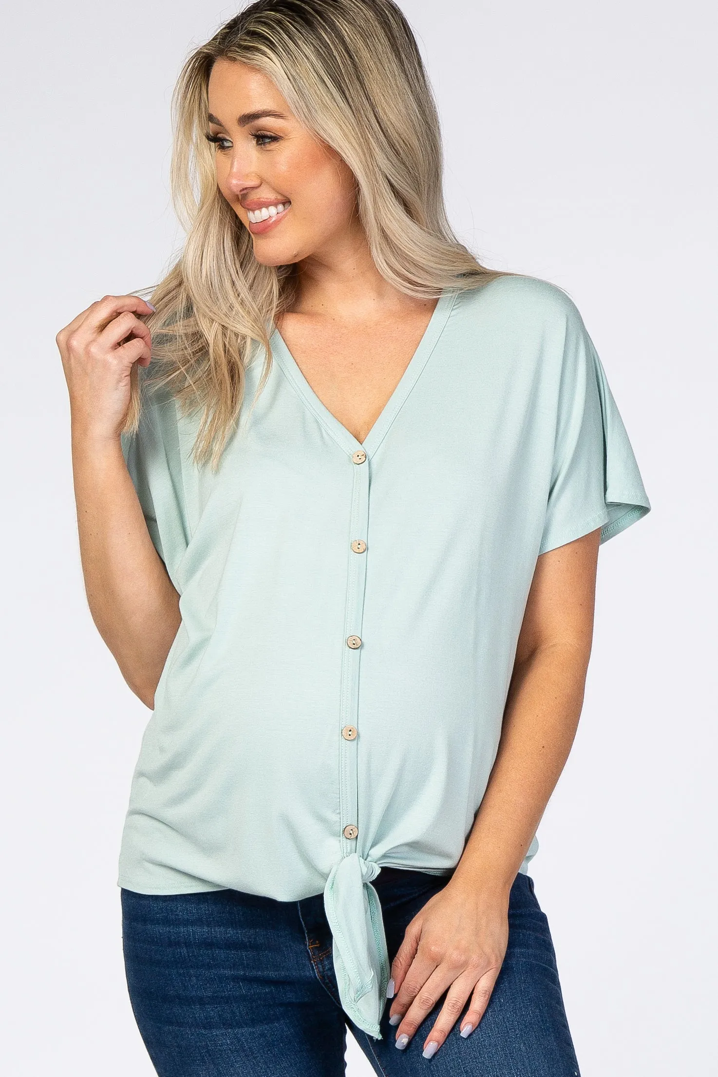 Mint Tie Front Short Sleeve Maternity Top sold by Pinkblush