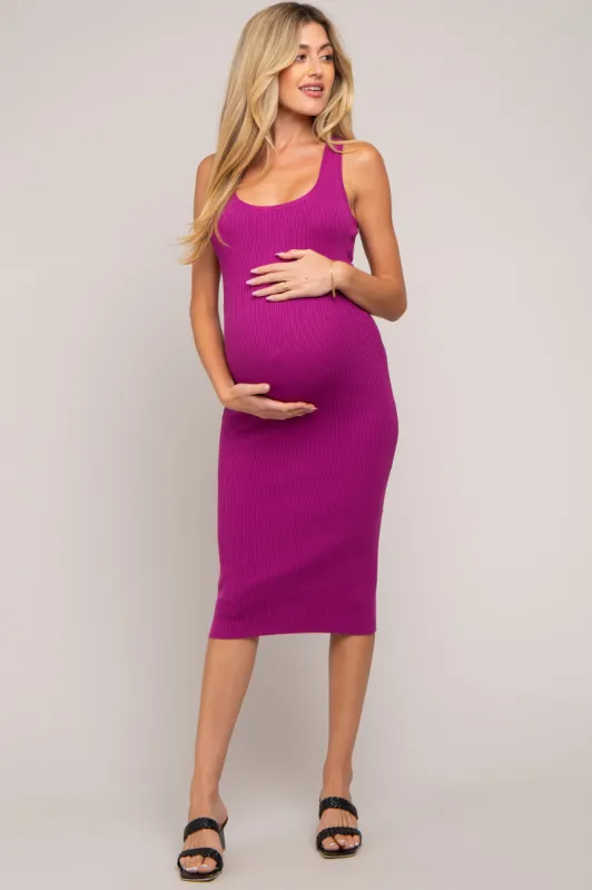 Magenta Fitted Knit Maternity Midi Dress sold by Pinkblush