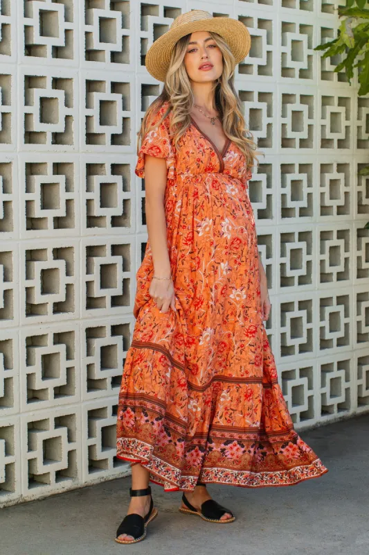 Orange Floral Flounce Sleeve Maternity Maxi Dress sold by Pinkblush