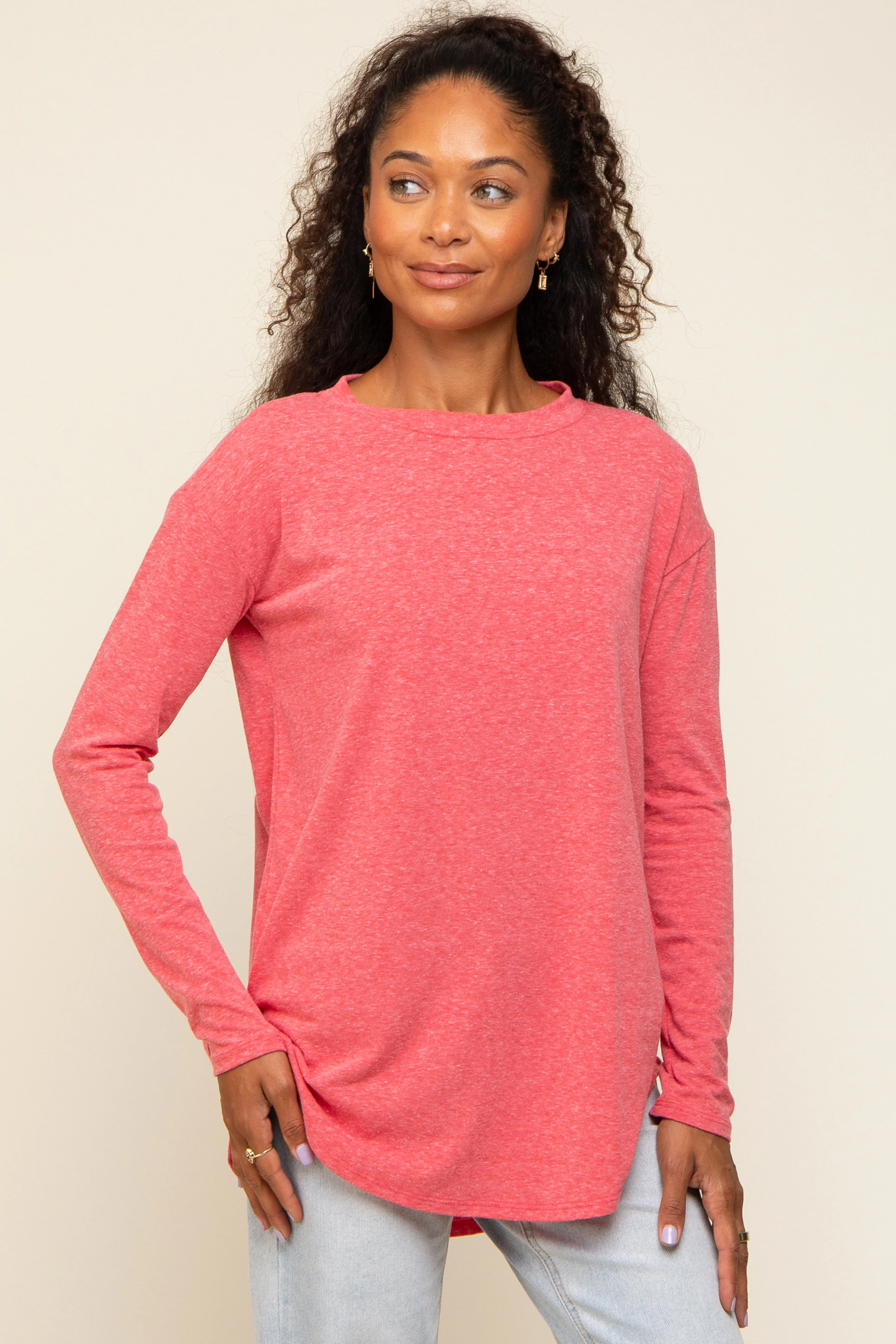 Red Long Sleeve Curved Hem Top sold by Pinkblush