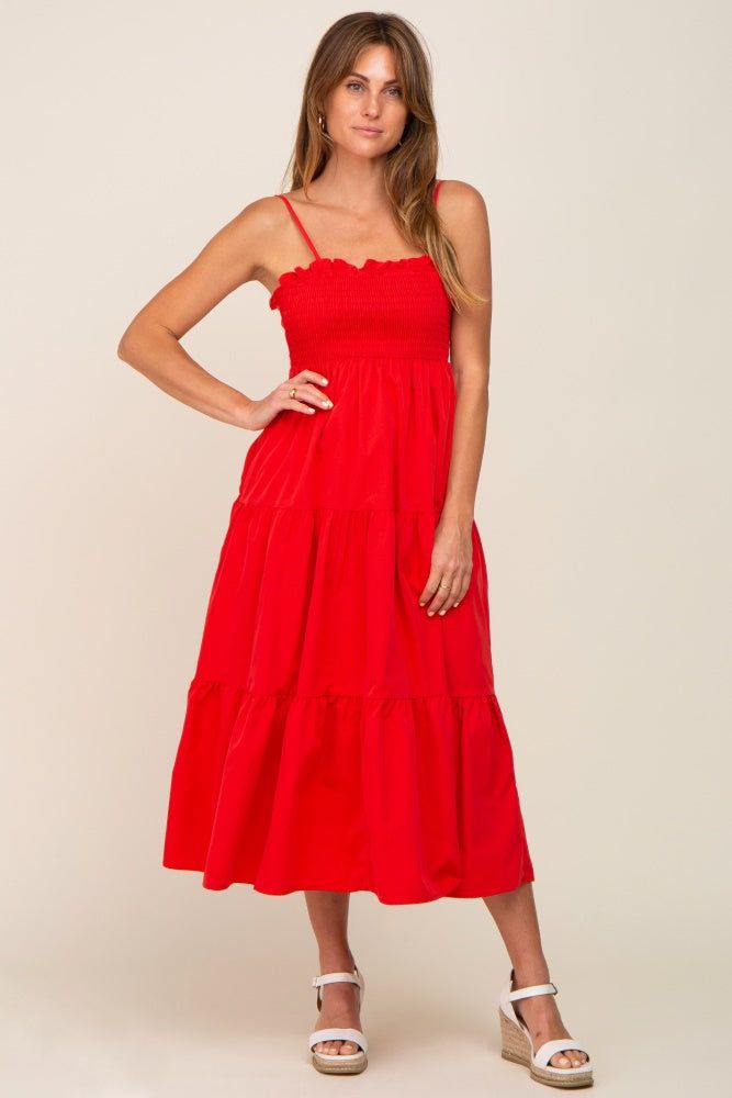 Red Smocked Open Back Tiered Maternity Midi Dress sold by Pinkblush product image thumbnail 5