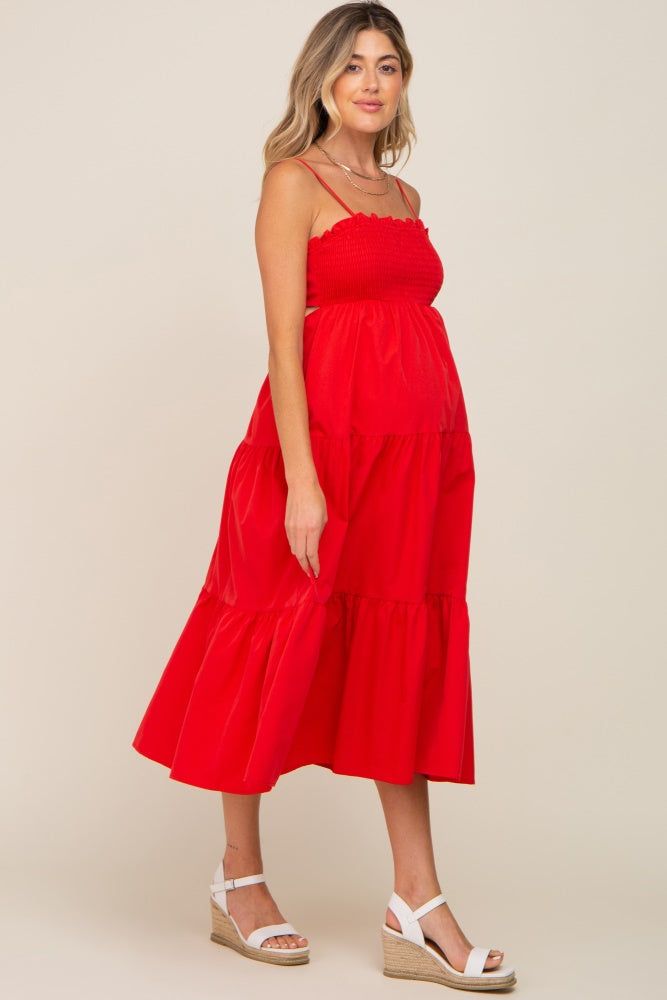 Red Smocked Open Back Tiered Maternity Midi Dress sold by Pinkblush product image thumbnail 2