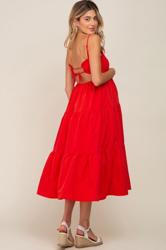 Red Smocked Open Back Tiered Maternity Midi Dress sold by Pinkblush product image thumbnail 3