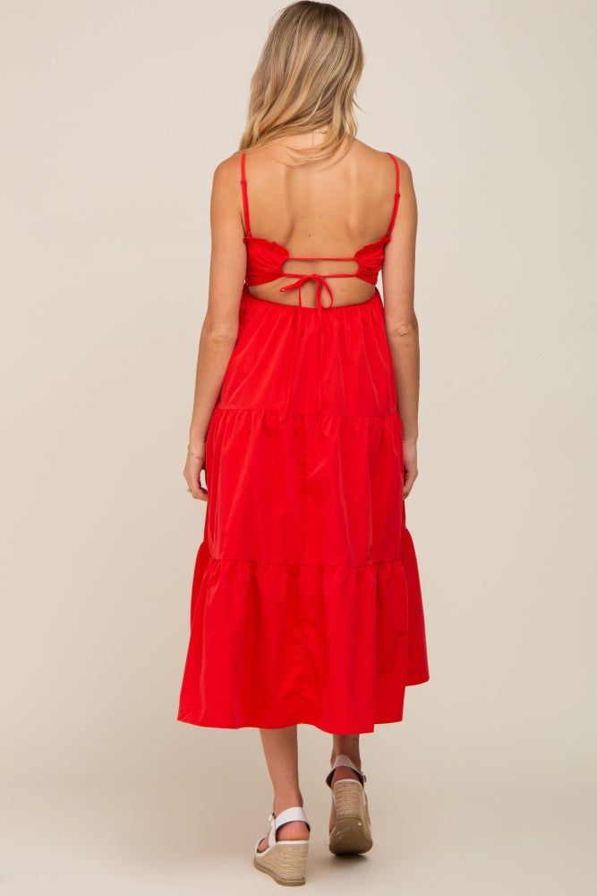 Red Smocked Open Back Tiered Maternity Midi Dress sold by Pinkblush product image thumbnail 4