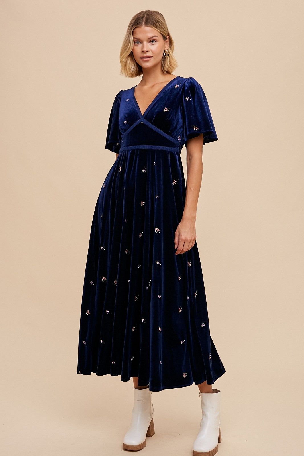 Midnight All Over Floral Embroidered Velvet Maxi Dress sold by Pinkblush