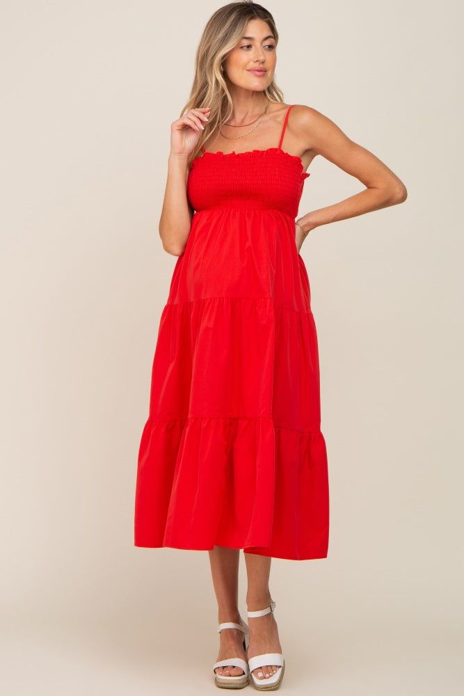 Red Smocked Open Back Tiered Maternity Midi Dress sold by Pinkblush
