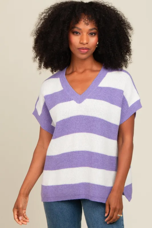 Purple Striped V-Neck Sweater Top sold by Pinkblush
