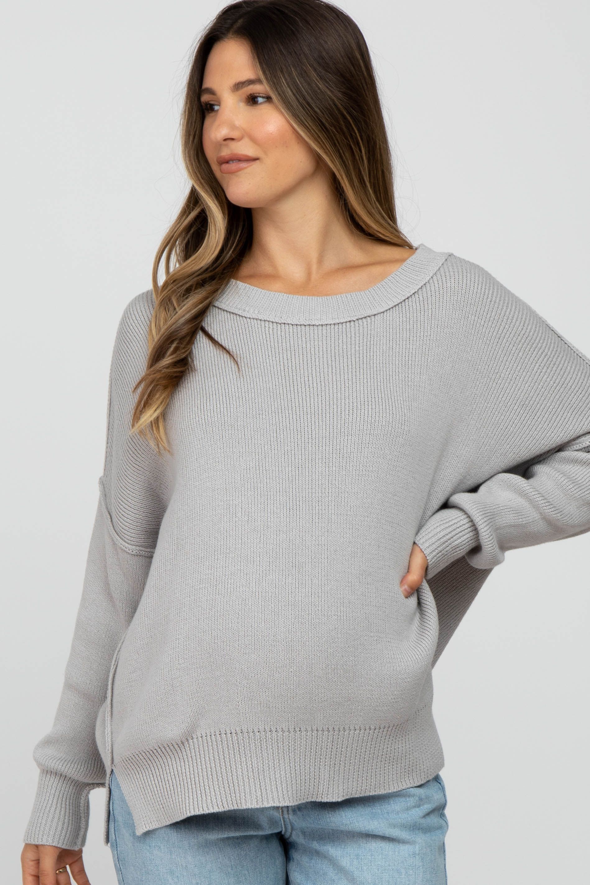 Grey Exposed Seam Side Slit Maternity Sweater sold by Pinkblush