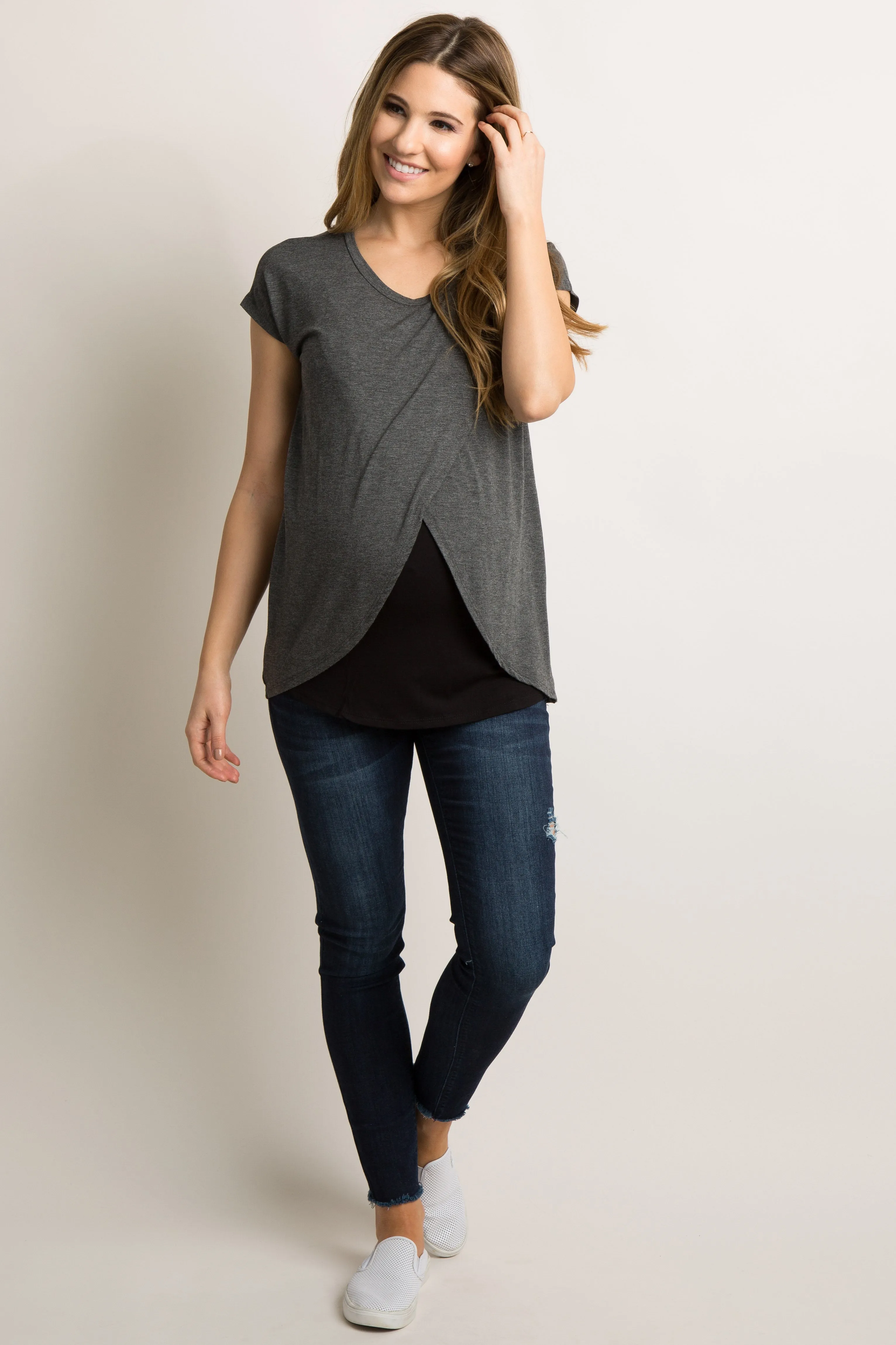 Charcoal Grey Layered Wrap Front Maternity/Nursing Top sold by Pinkblush product image thumbnail 4