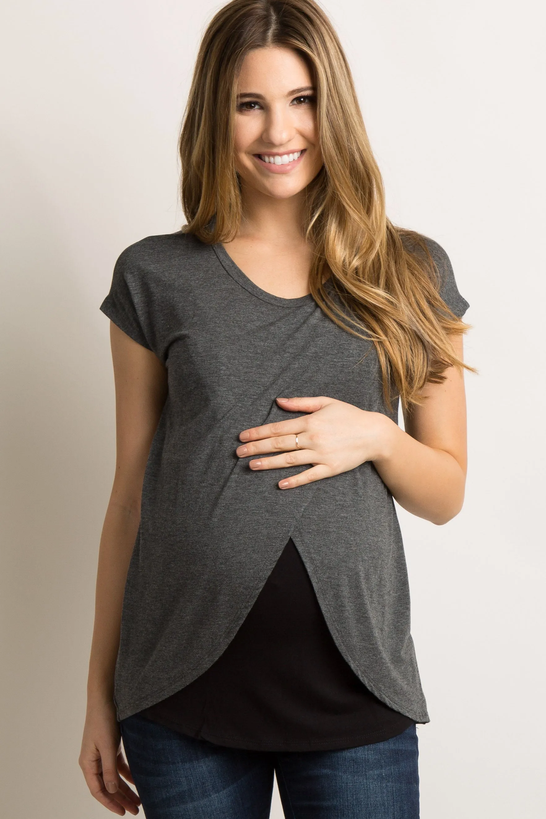 Charcoal Grey Layered Wrap Front Maternity/Nursing Top sold by Pinkblush