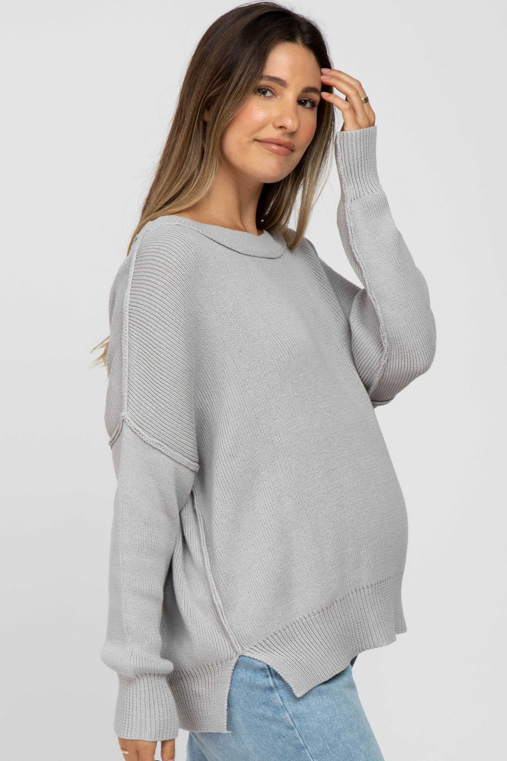 Grey Exposed Seam Side Slit Maternity Sweater sold by Pinkblush product image thumbnail 2