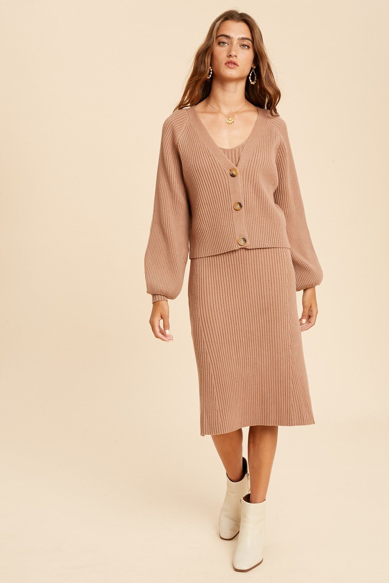 Taupe Ribbed Midi Dress and Cardigan Set sold by Pinkblush product image thumbnail 2