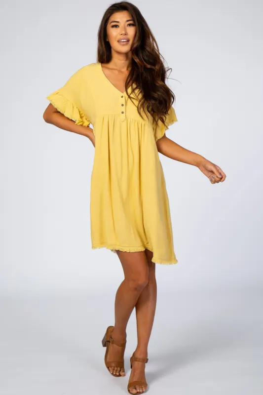 Yellow Linen Fringe Trim Babydoll Dress sold by Pinkblush