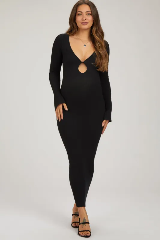 Black Front Cutout Bell Sleeve Ribbed Maternity Midi Dress made by Pinkblush