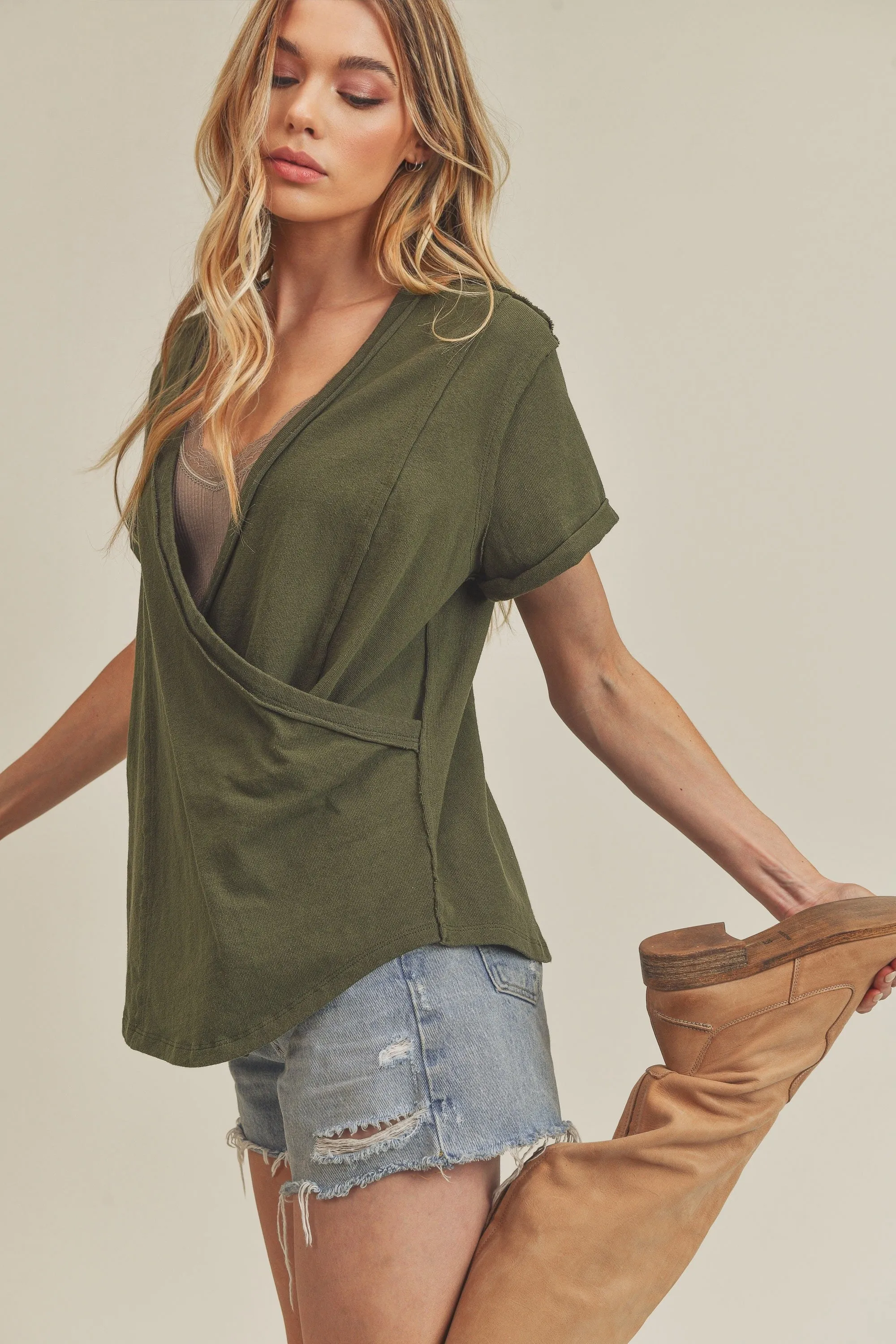 Olive Wrap Short Sleeve Raw Hem Top sold by Pinkblush product image thumbnail 2