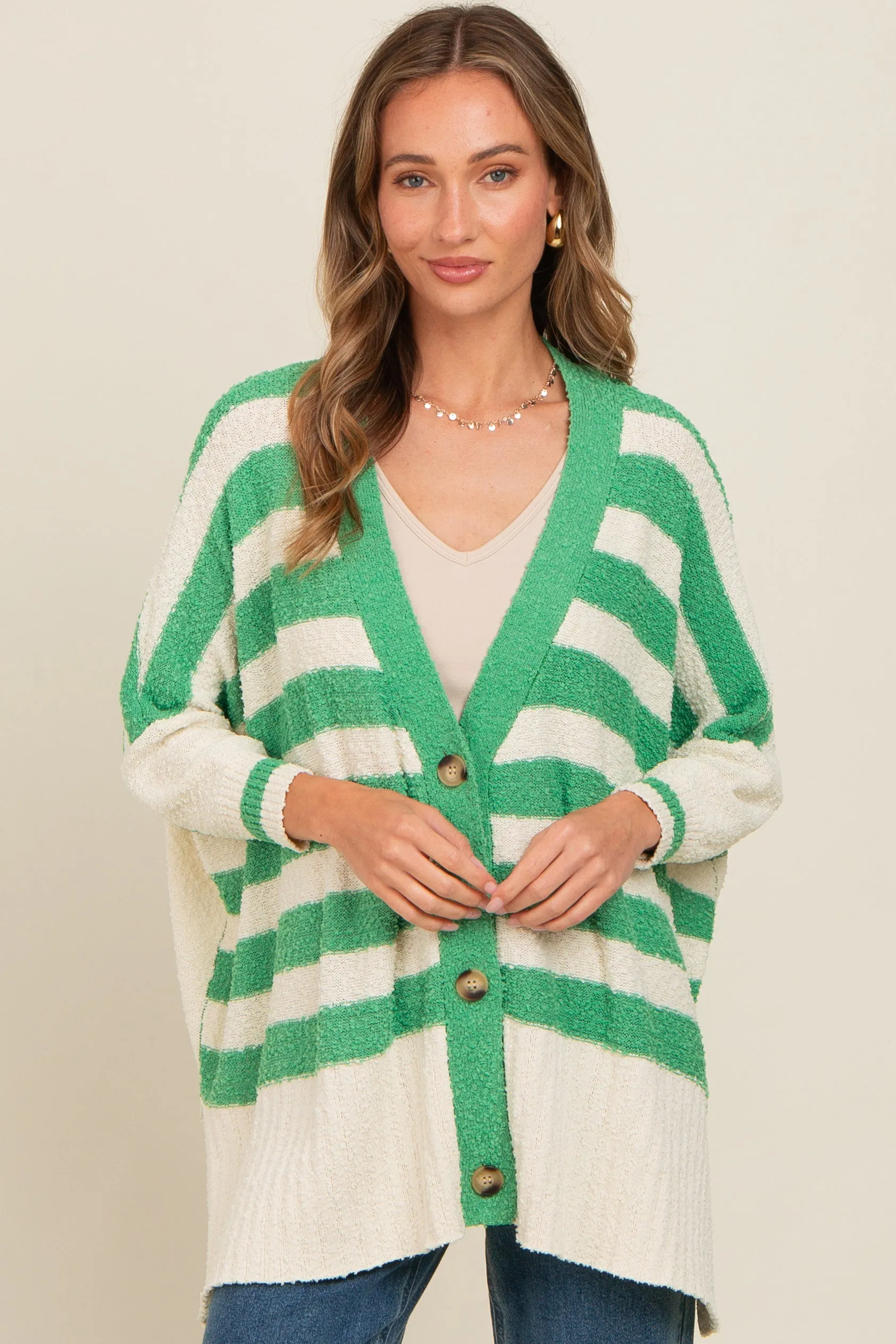 Green Textured Knit Striped Oversized Cardigan sold by Pinkblush