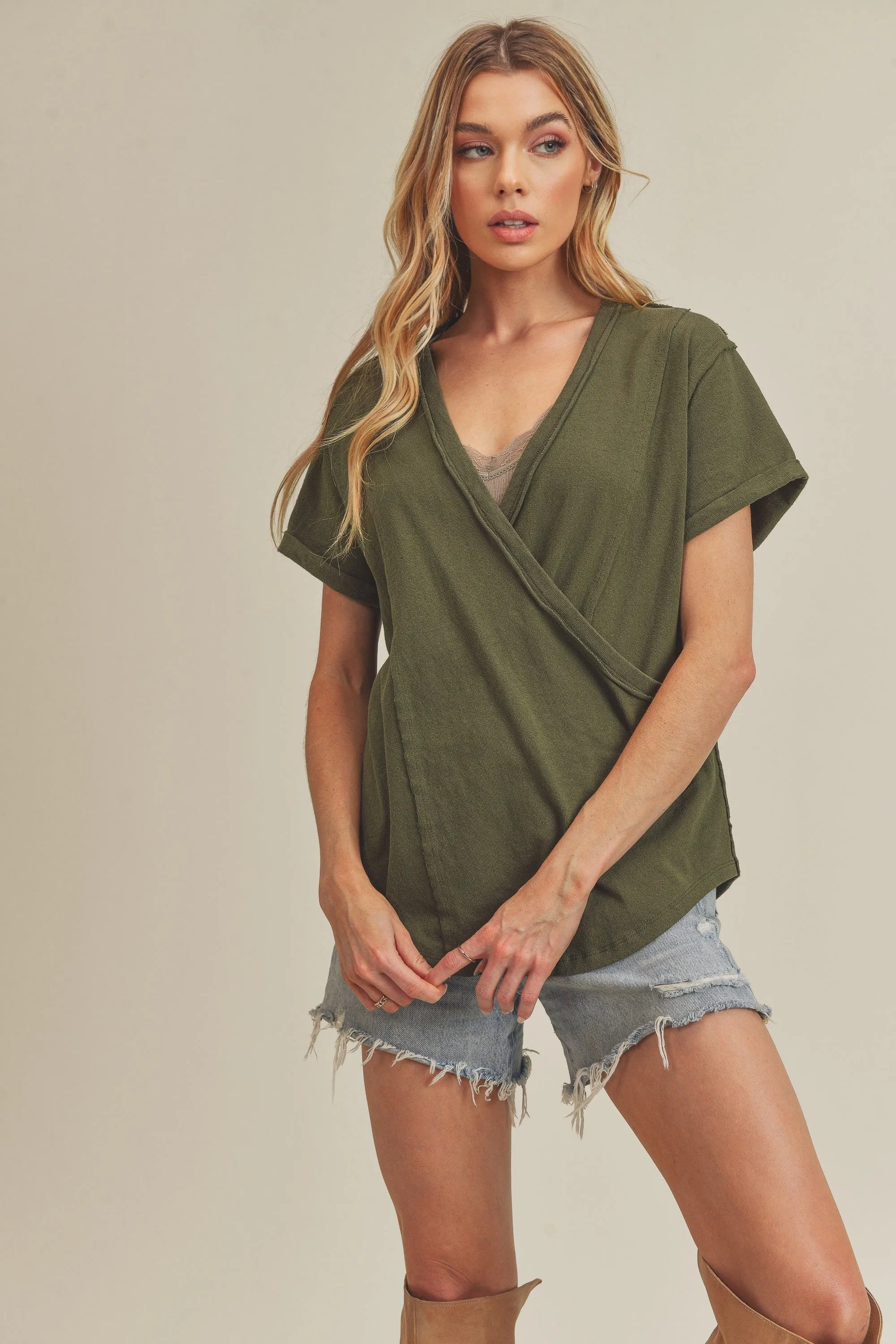 Olive Wrap Short Sleeve Raw Hem Top sold by Pinkblush