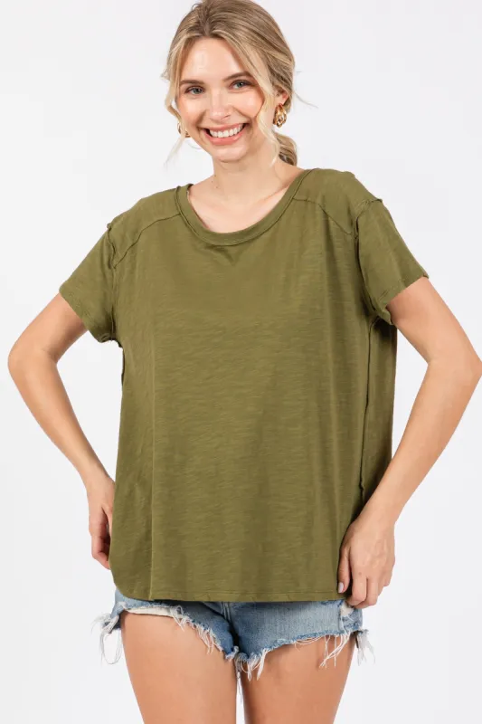 Olive Raw Hem Short Sleeve Top sold by Pinkblush