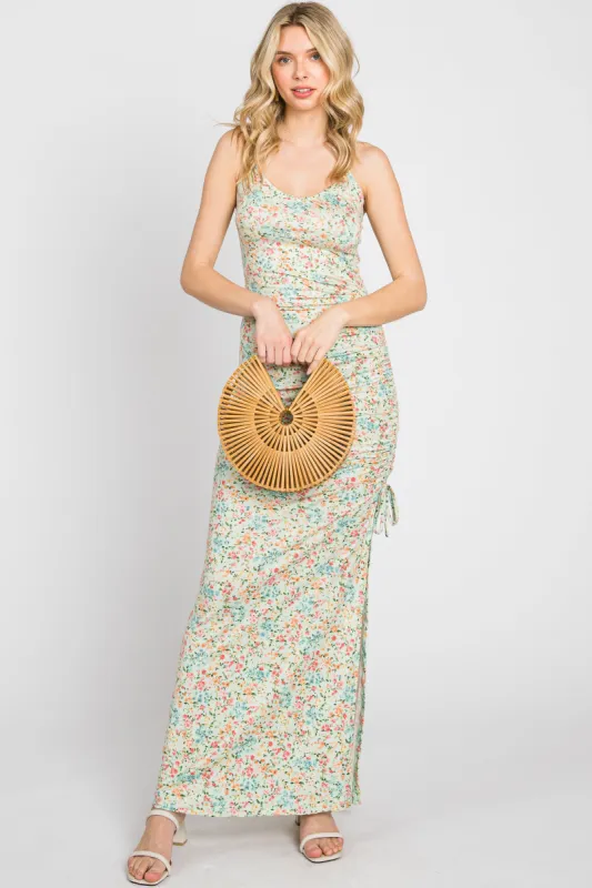 Mint Green Floral Side Slit Ruched Maxi Dress sold by Pinkblush