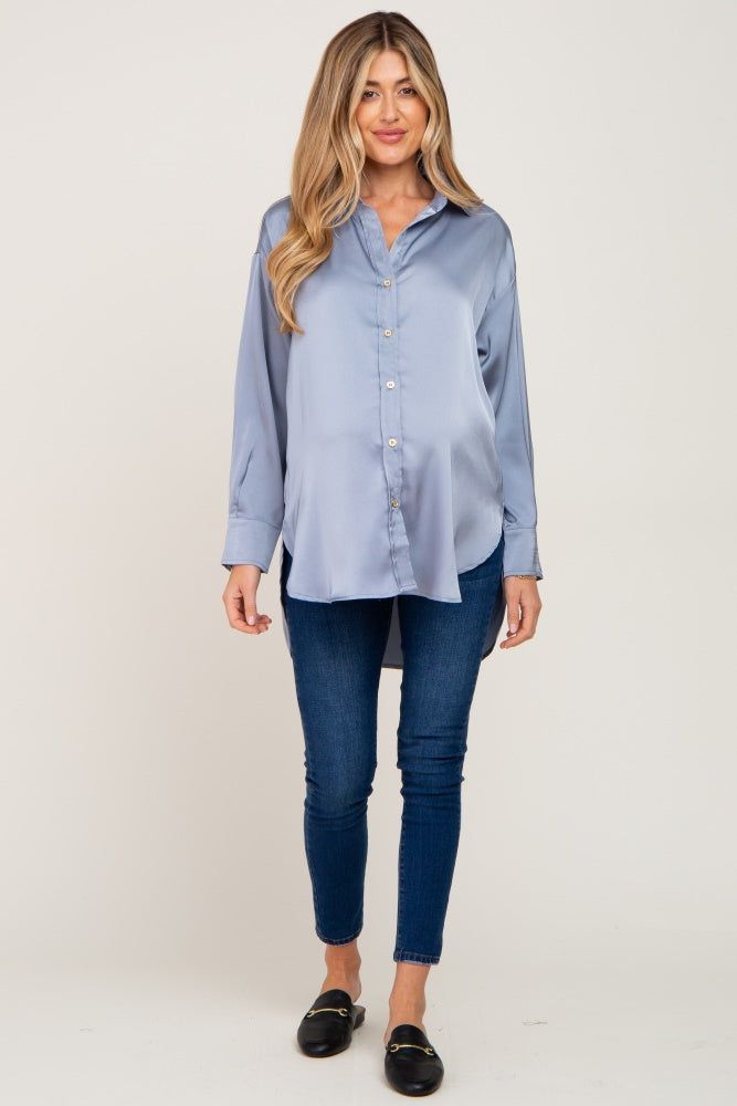 Blue Satin Button Up Maternity Blouse sold by Pinkblush product image thumbnail 4