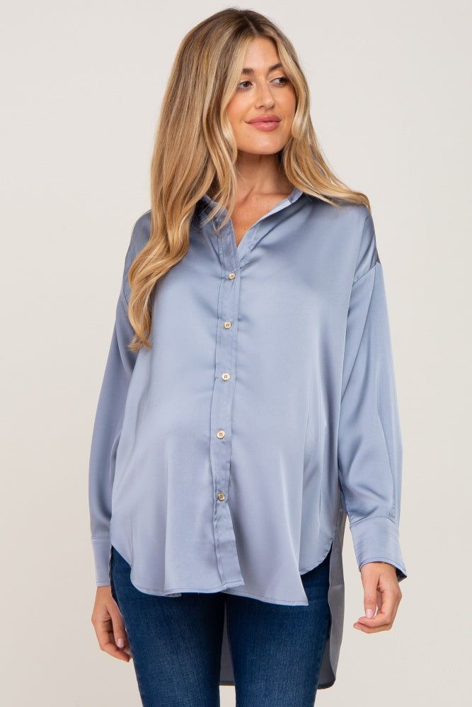 Blue Satin Button Up Maternity Blouse sold by Pinkblush