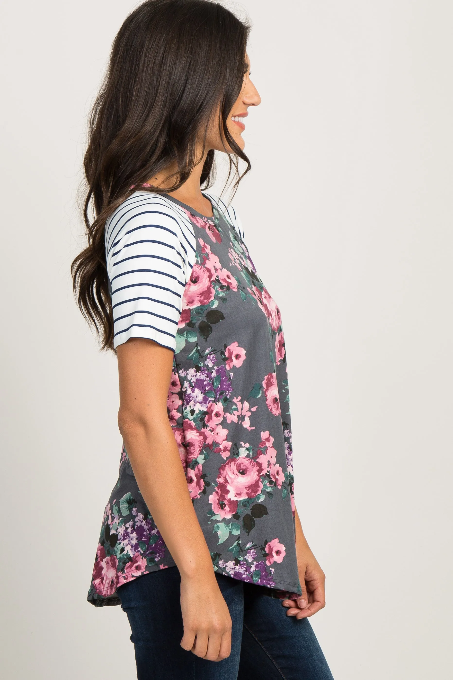 Charcoal Floral Colorblock Striped Top sold by Pinkblush product image thumbnail 2