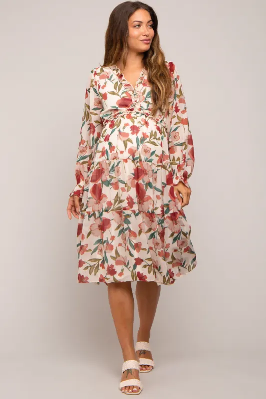 Ivory Floral Ruffle V-Neck Maternity Dress sold by Pinkblush