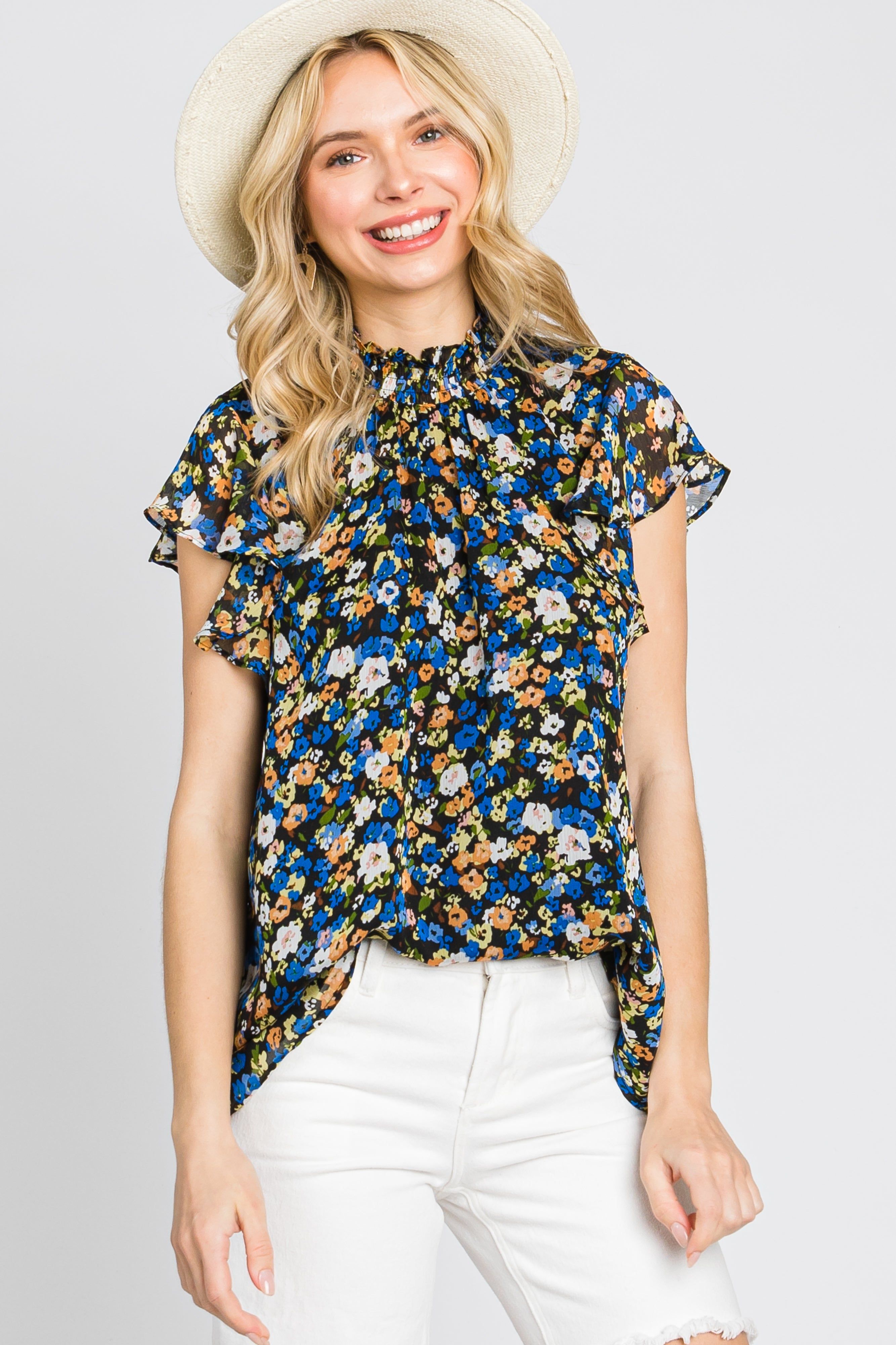 Black Floral Smocked Mock Neck Blouse sold by Pinkblush