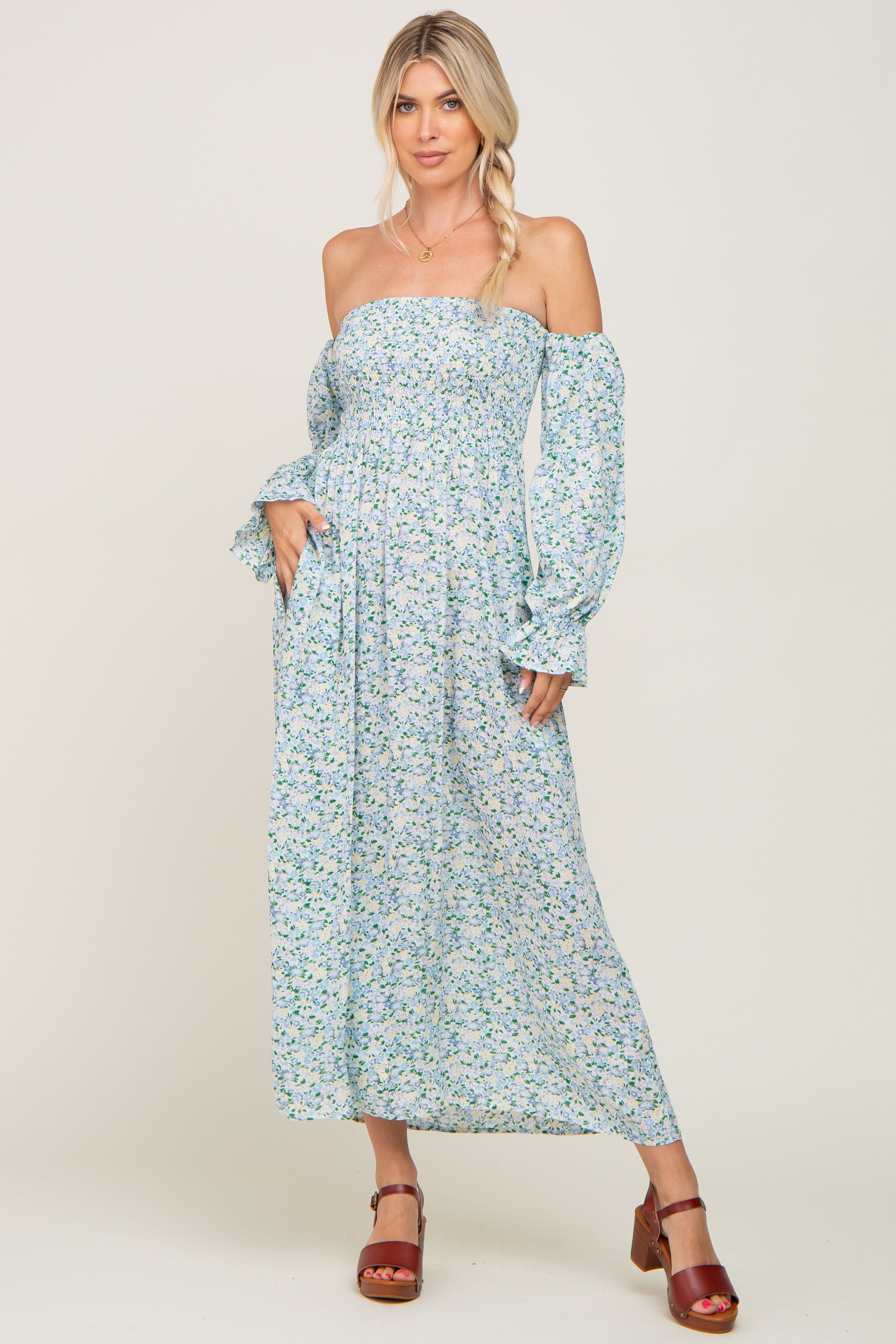 Light Blue Floral Off Shoulder Long Sleeve Maxi Dress sold by Pinkblush product image thumbnail 5