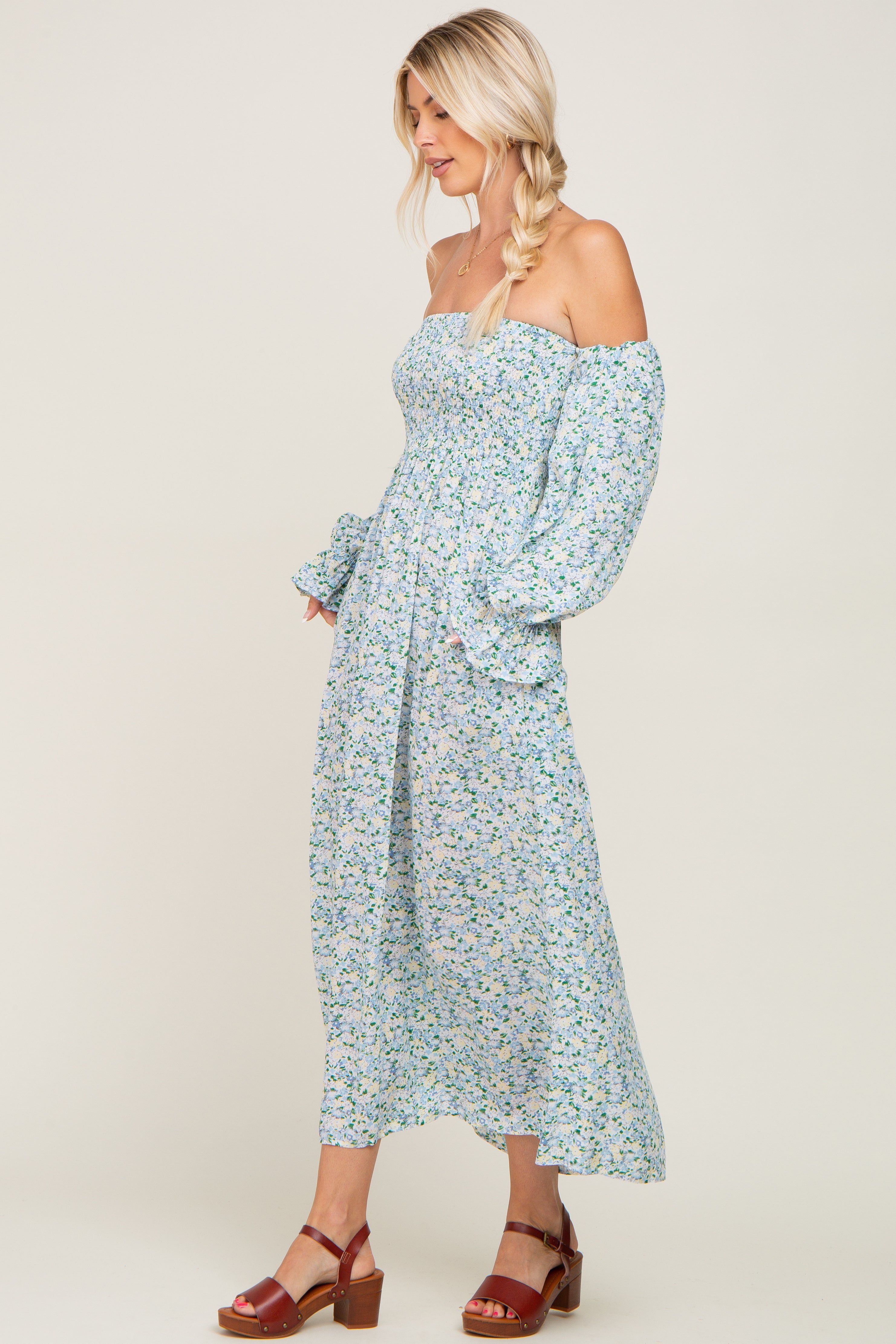 Light Blue Floral Off Shoulder Long Sleeve Maxi Dress sold by Pinkblush product image thumbnail 2