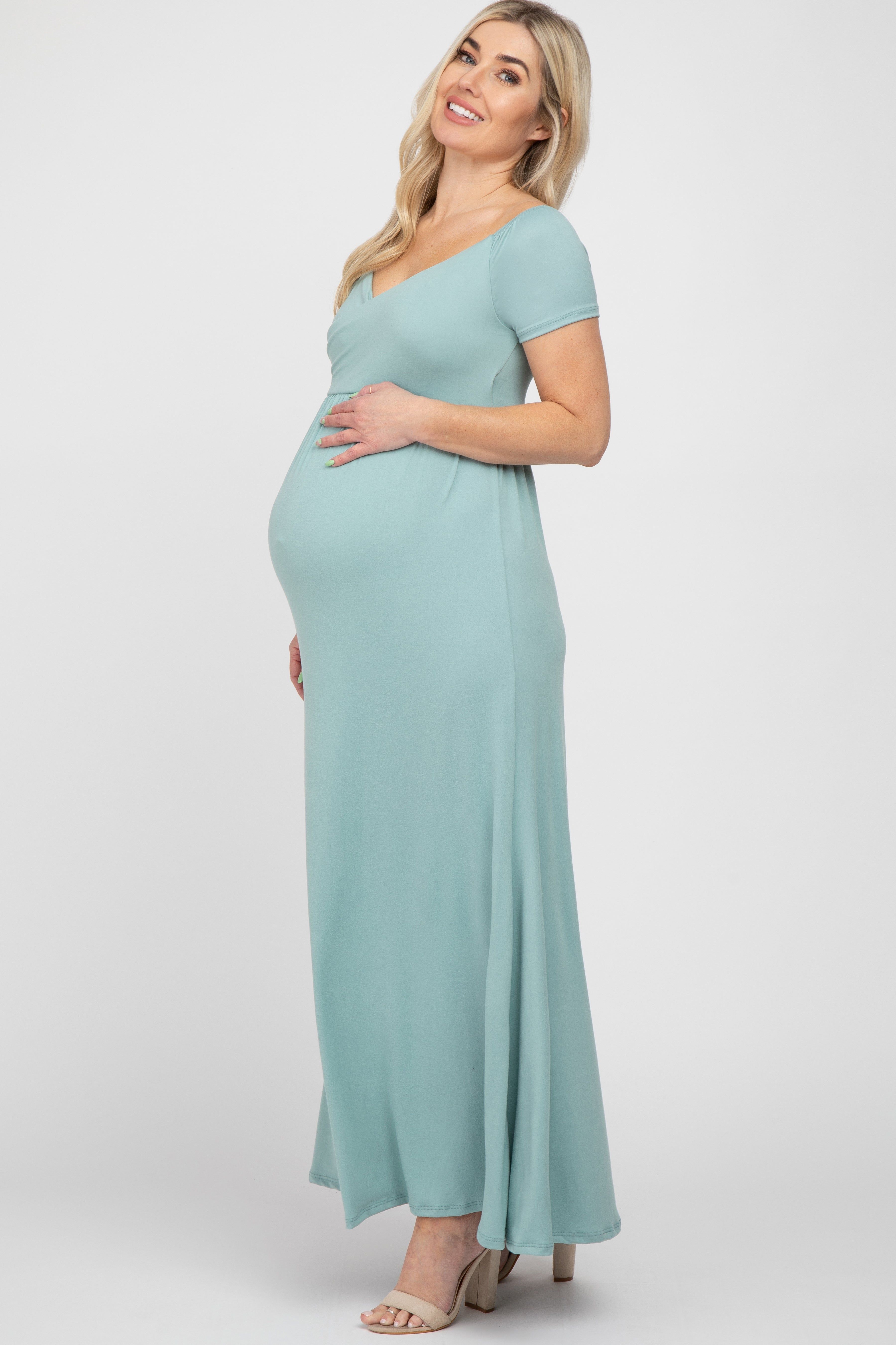 Mint Off Shoulder Wrap Maternity Maxi Dress sold by Pinkblush product image thumbnail 2